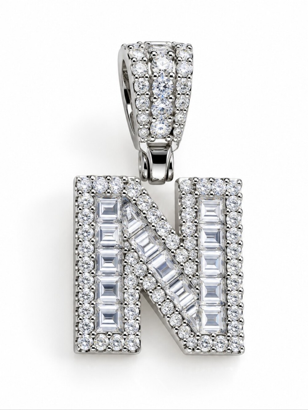 Initial N Pendant Necklace in Silver with Clear Stones